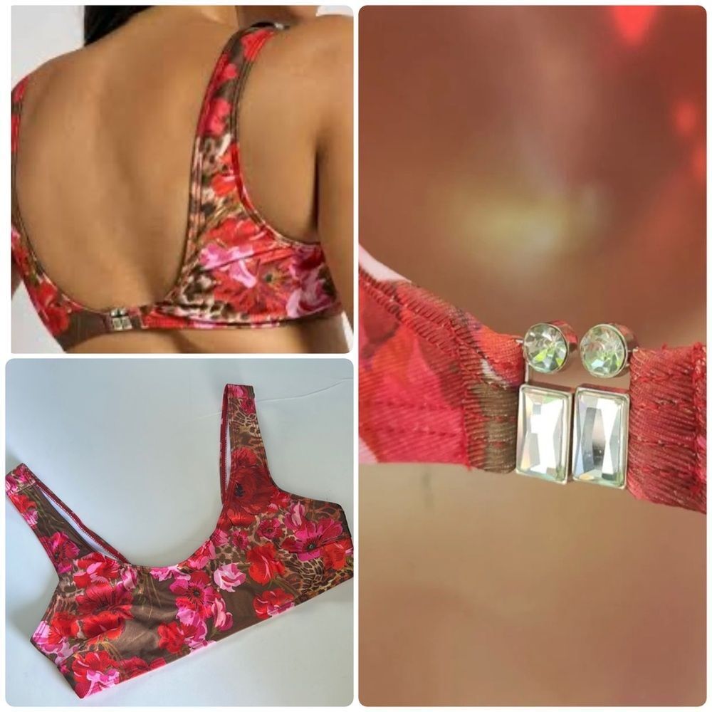 NWOT Aiirz Red and Brown Floral and Cheetah Print Embellished Bikini Top Sz L